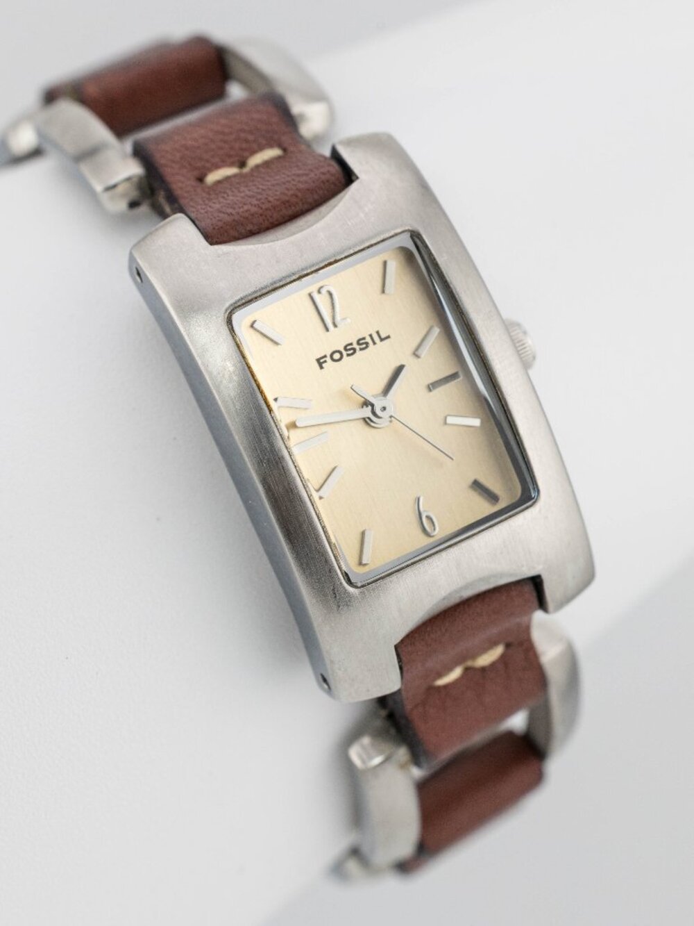 FOSSIL F2 ES-1117 Brown Leather Tank Quartz Analog Women's Watch Fresh Battery